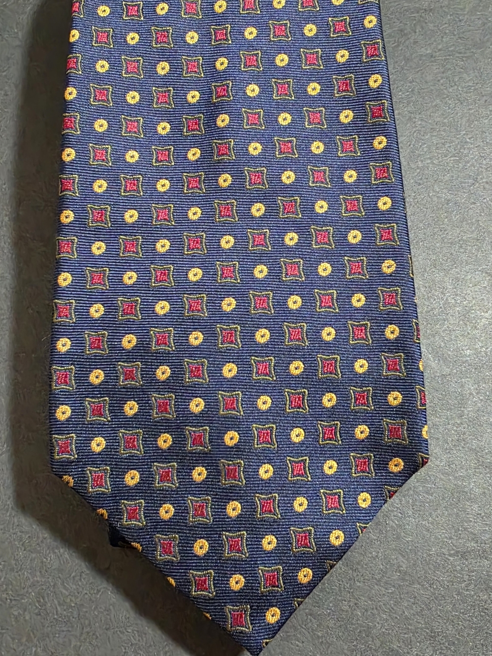 Polo by Ralph Lauren Navy Silk Tie with Gold Circles and Red Square Motifs